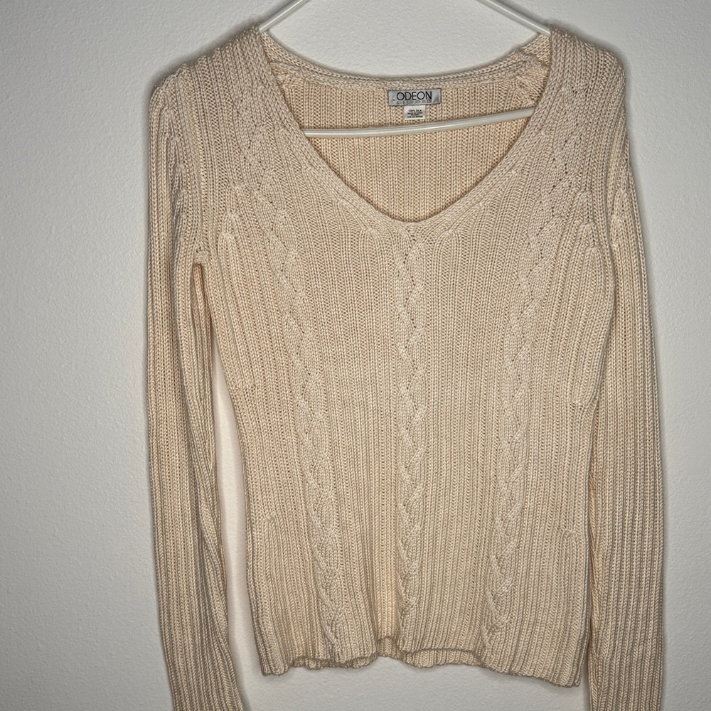 Odeon Belford 100% Silk Cable Knit V-Neck Sweater Ivory White Size M